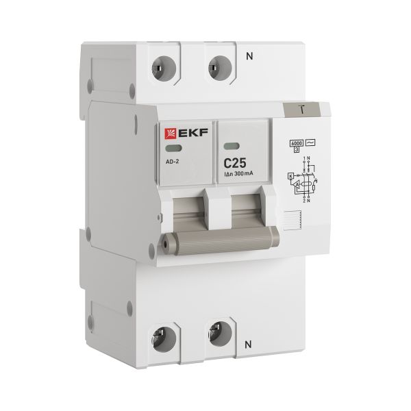 Дифференциальный автомат АД-2 25А/300мА (хар. C, AC, электронный, защита 270В) 6кА EKF PROxima