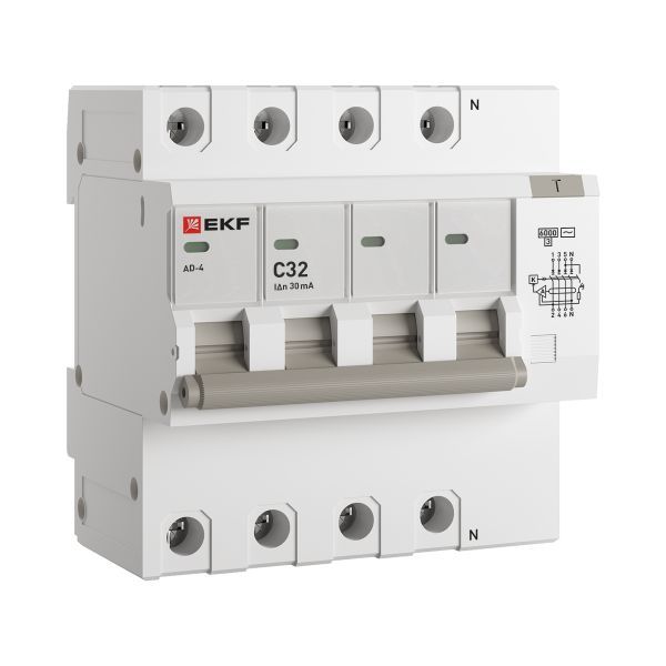 Дифференциальный автомат АД-4 32А/ 30мА (хар. C, AC, электронный, защита 270В) 6кА EKF PROxima