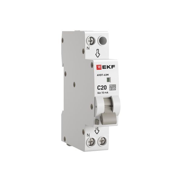 Диф. автомат  2П  20А  10мА (1мод, хар. C, электронный, тип А) 6кА EKF PROxiмА АВДТ-63М