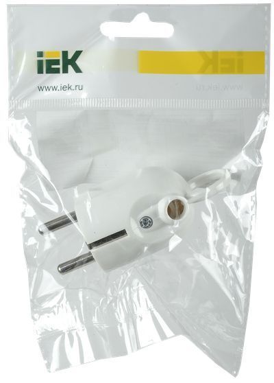 Вилка разборная угловая ВПу12-01-Ст с заземляющим контактом с кольцом 16А белая IEK