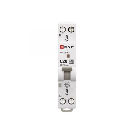 Диф. автомат  2П  20А  10мА (1мод, хар. C, электронный, тип А) 6кА EKF PROxiмА АВДТ-63М