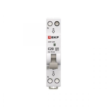 Диф. автомат  2П  20А  10мА (1мод, хар. C, электронный, тип А) 6кА EKF PROxiмА АВДТ-63М